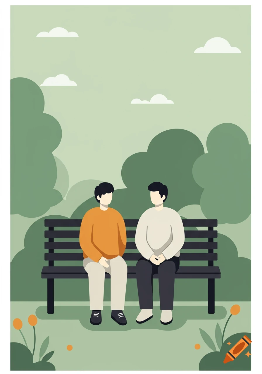 A minimalist flat vector illustration of two people sitting on a park bench, in sage green and soft cream colors.