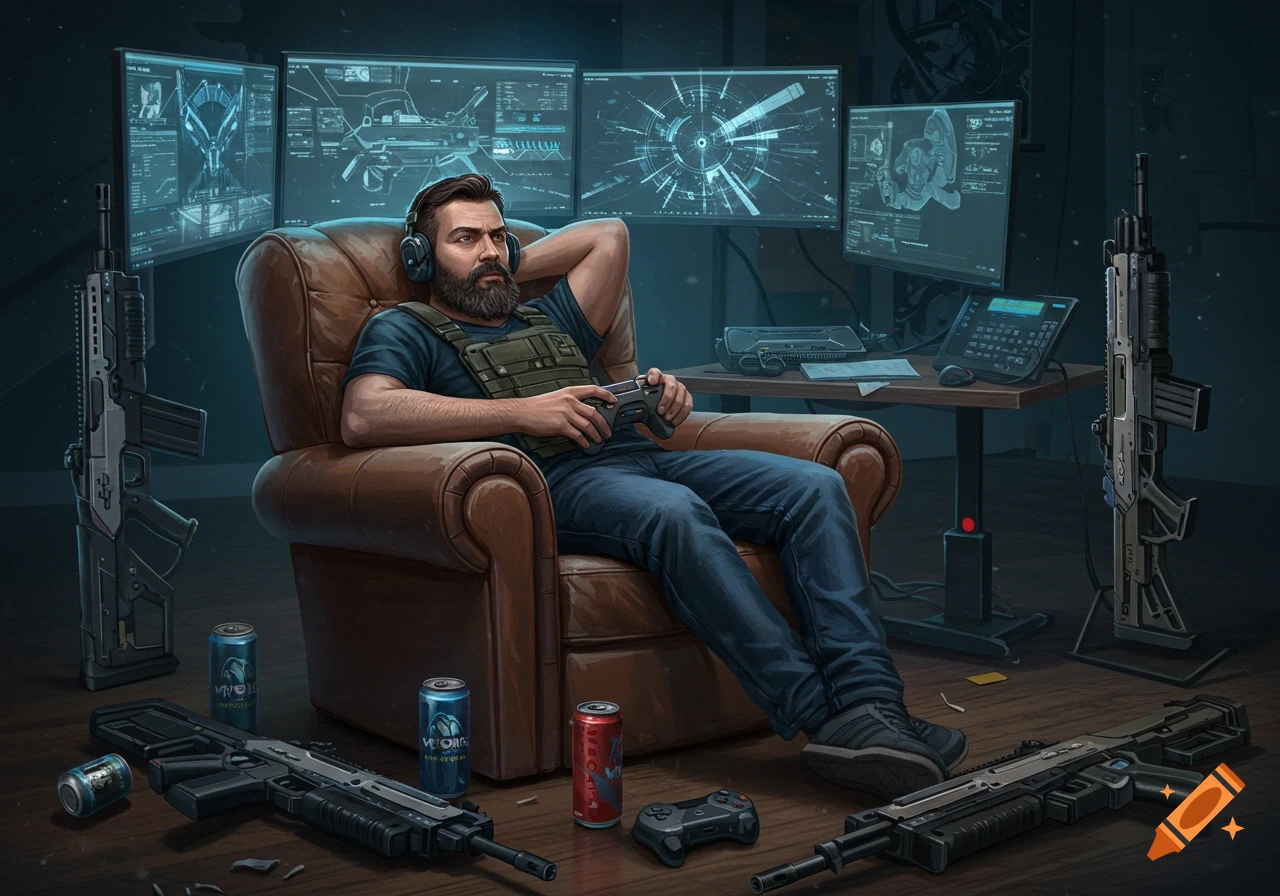 A bearded man in a tactical vest plays video games in a armchair surrounded by rifles and monitors showing schematics.