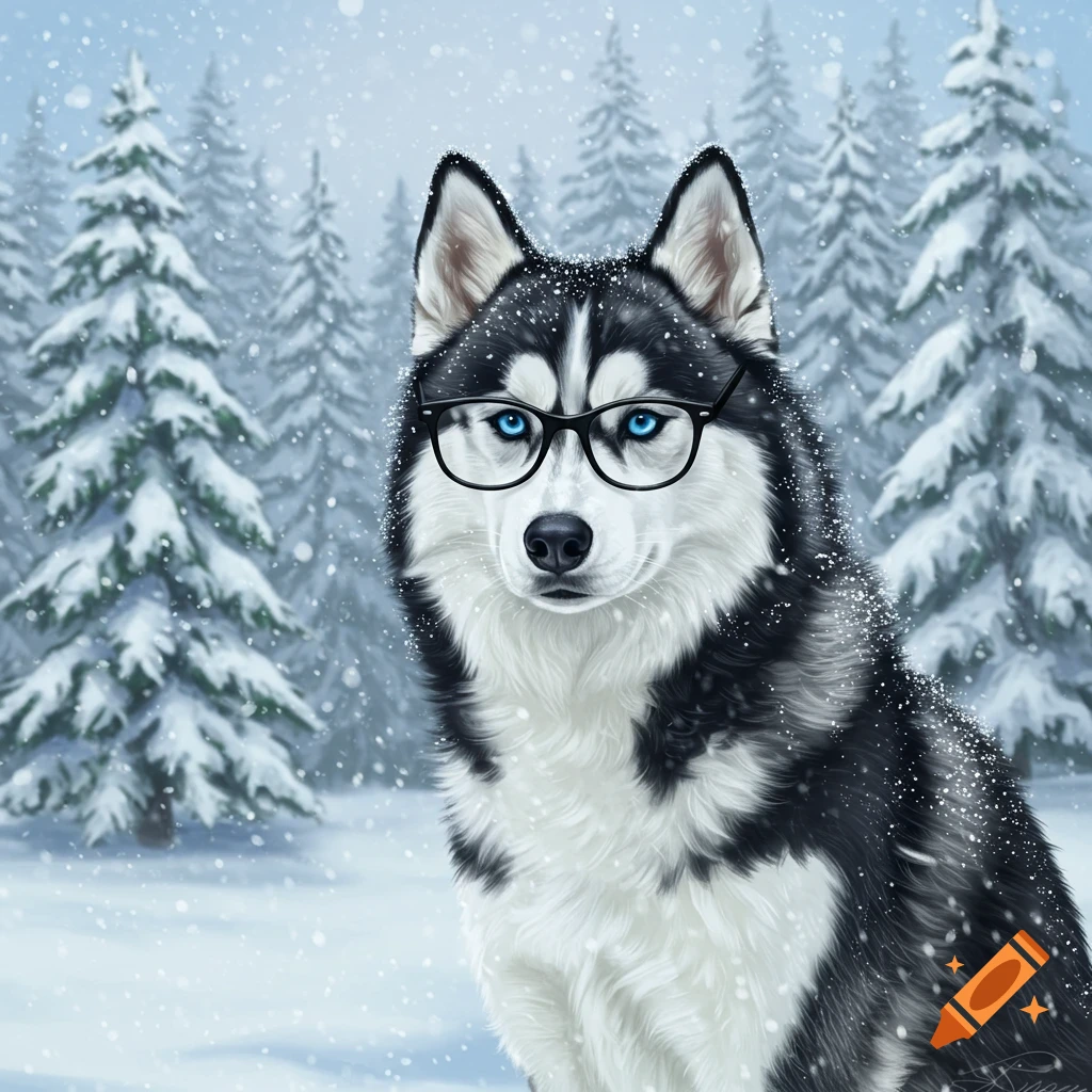 A black and white husky dog with blue eyes wears black-rimmed glasses, sitting in a snowy forest as snow falls. Illustrated style.