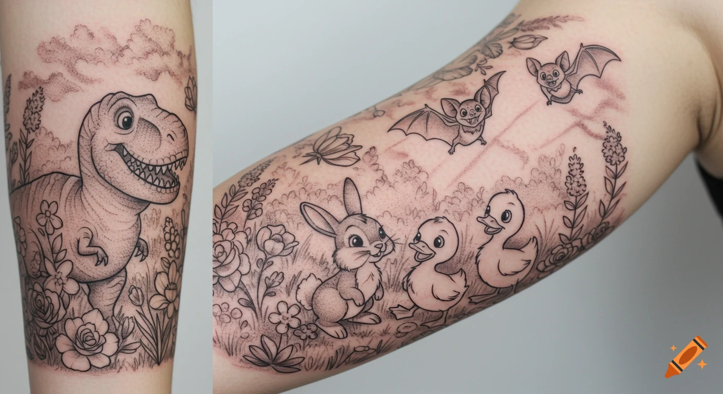 A black and grey tattoo on an arm featuring a T-Rex, bunny, two ducklings, and two bats surrounded by flowers and clouds in a cartoon style.