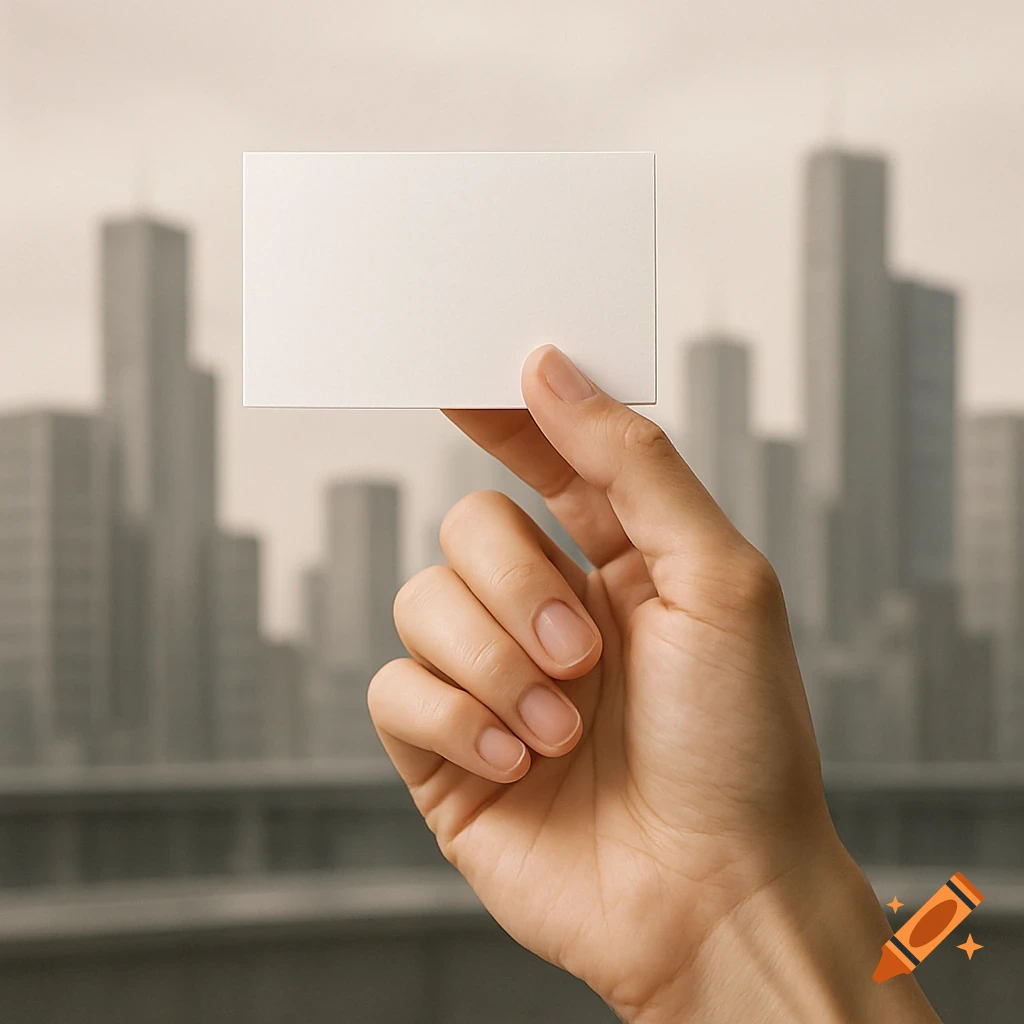 A hand holding a blank white business card against a blurred city skyline.