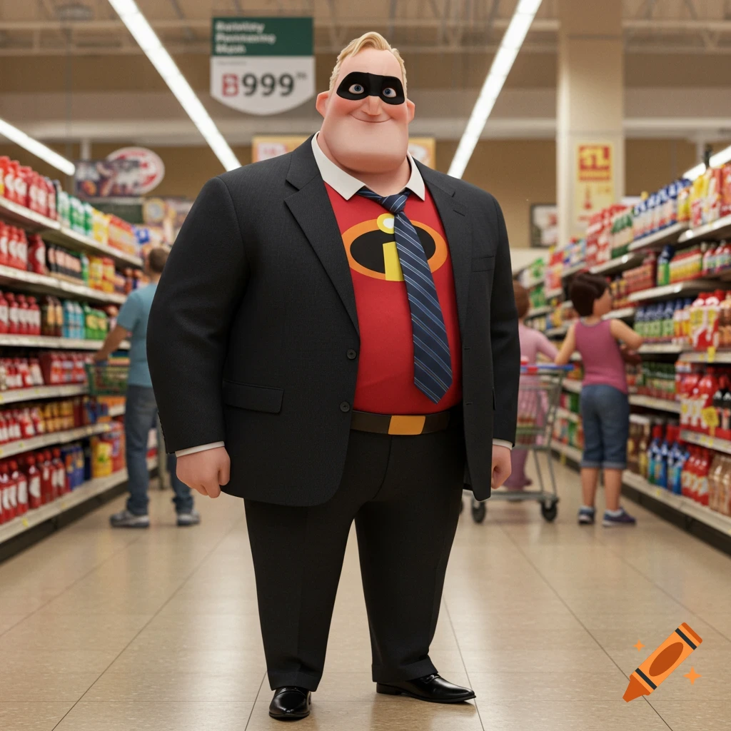 Mr. Incredible in a suit with his costume underneath, awkwardly smiling in a photorealistic grocery store aisle.