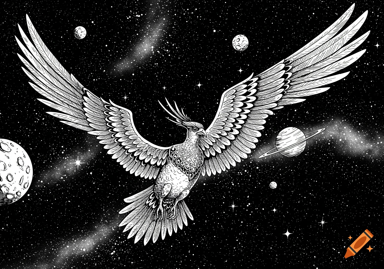 A black and white illustration of an ornate bird with large wings flying through outer space, surrounded by stars and planets.