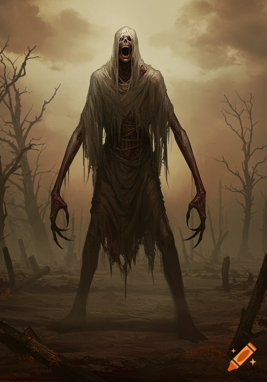 A skeletal, hunched monster with a deformed head and sharp fangs, draped in a tattered shroud, stands in a desolate, barren landscape with dead trees. Dark fantasy style.