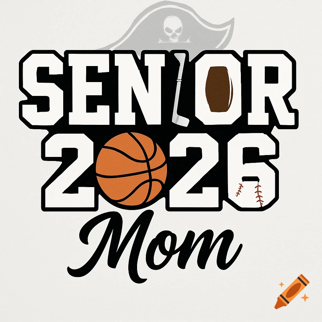 Graphic design with 'SENIOR 2026 Mom' text, featuring a golf club, football, basketball, and baseball stitches. A ghosted pirate flag is in the background.