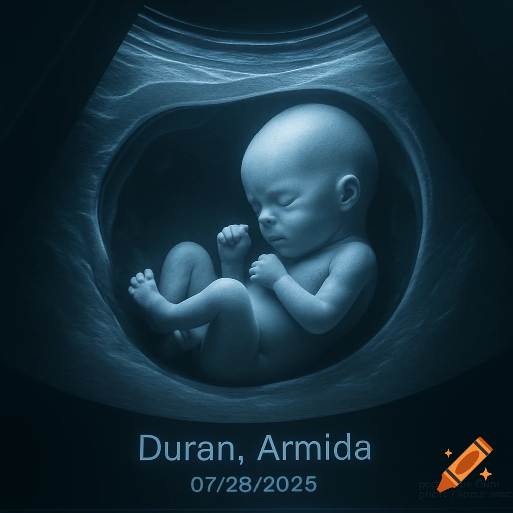 A photorealistic ultrasound image of a fetus with the name 'Duran, Armida' and date '07/28/2025' displayed.