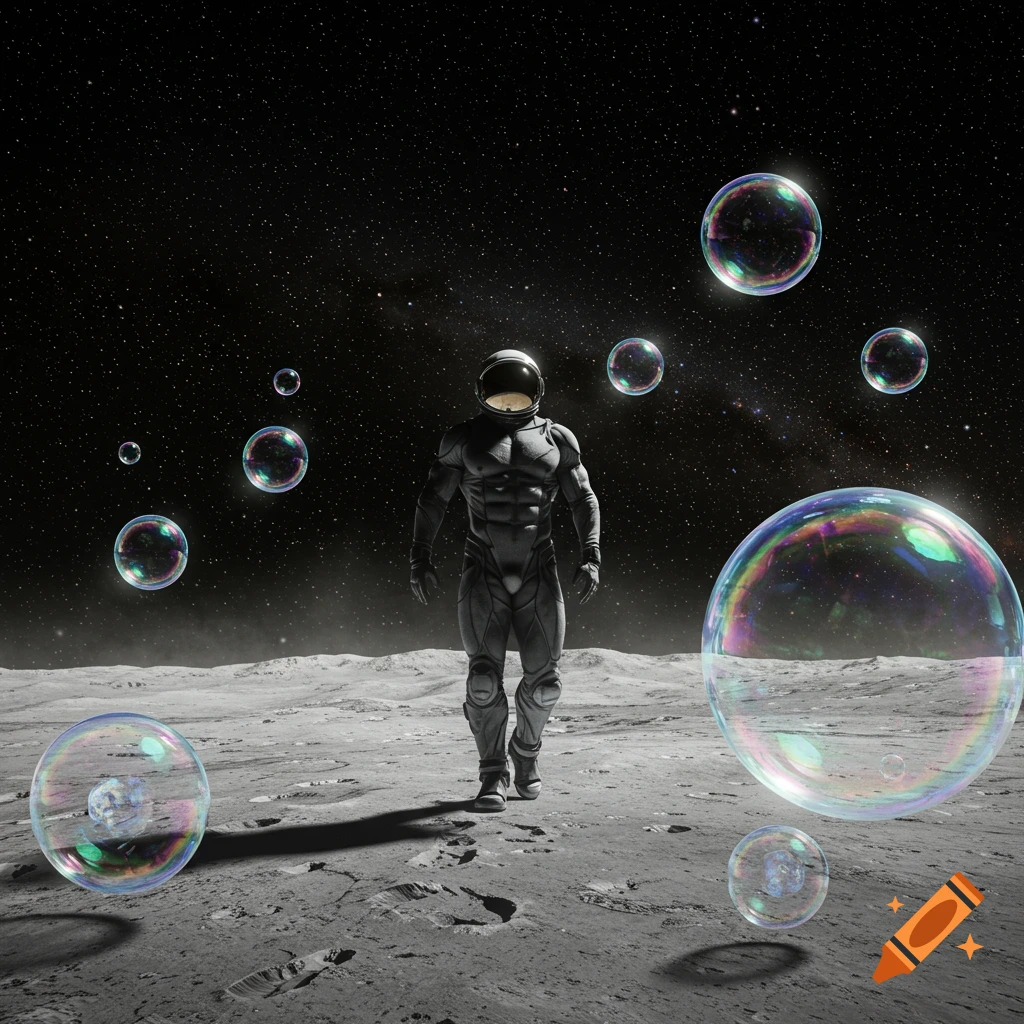 A muscular astronaut walks on the moon with colorful, iridescent bubbles floating around him under a starry sky.