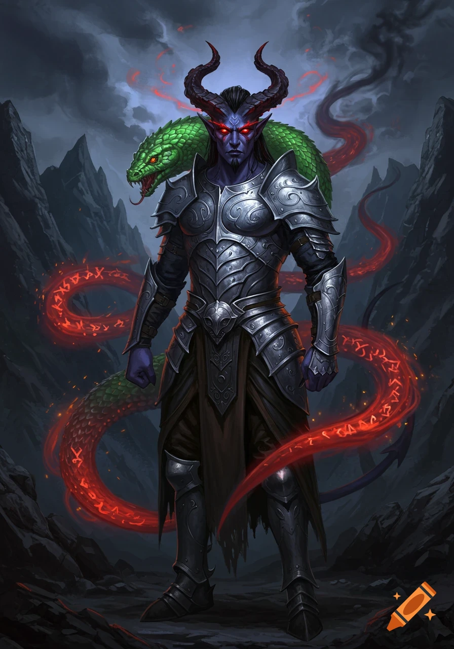 A dark-skinned Tiefling warrior with horns, red eyes, and silver armor stands in a rocky landscape with a large green snake coiled around their shoulders, glowing red runes trailing from its body.