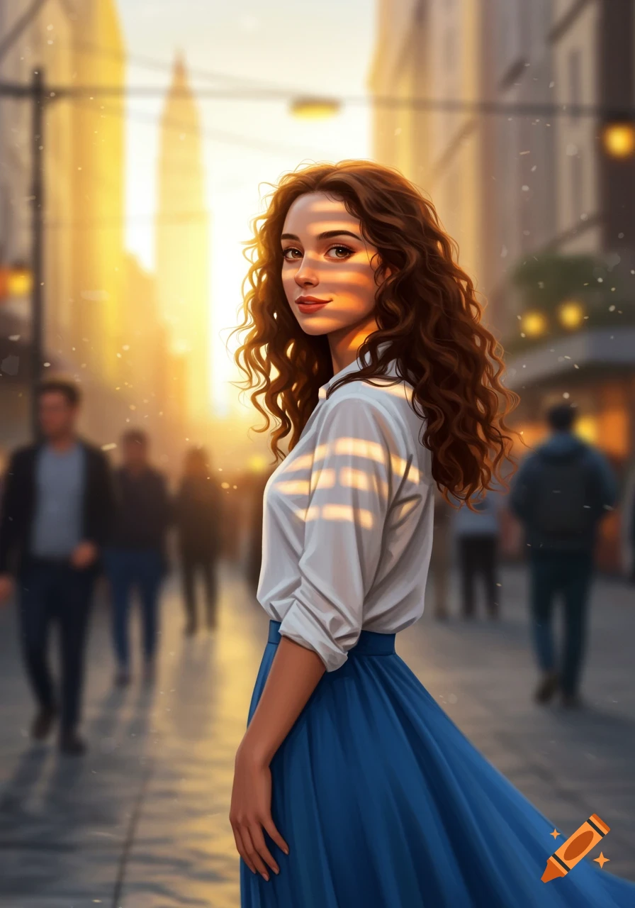 A young woman with long, curly brown hair looks back over her shoulder on a sunlit city street, digital art.