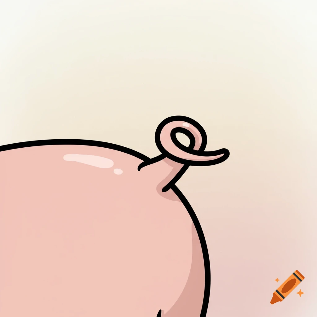 A cartoon pig's tail with a black outline, curling upwards with a pointy end.