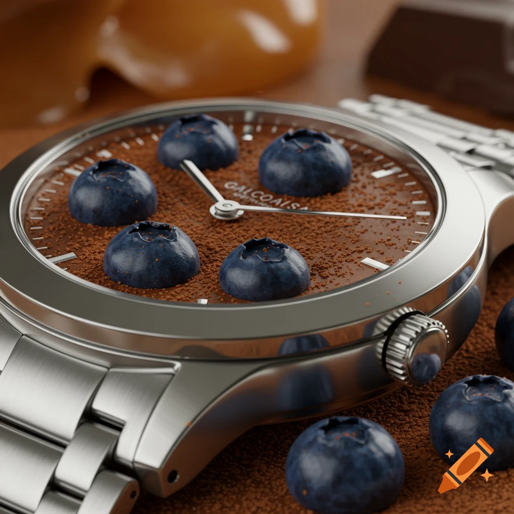 A close-up, photorealistic image of a silver watch with blueberries and cocoa powder on its face, next to more blueberries.