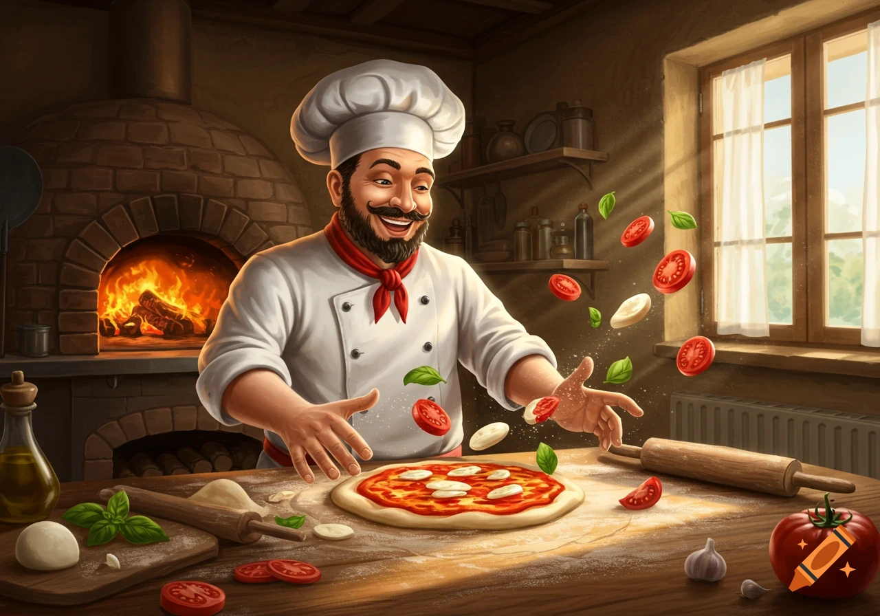 A joyful chef with a beard tosses ingredients over a pizza base in a rustic kitchen with a brick oven, illustration.