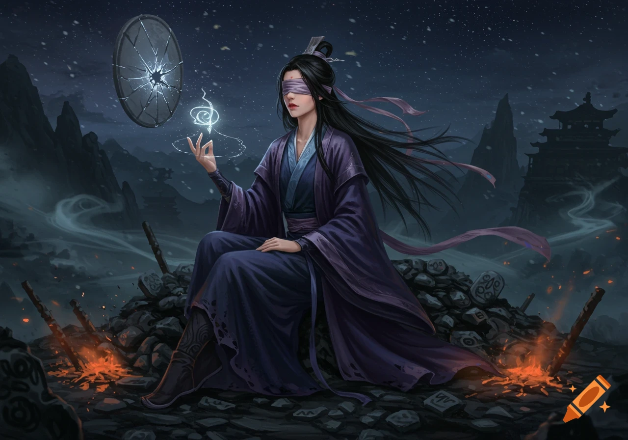A blindfolded woman in purple robes sits on rubble, holding a glowing magical orb, with a cracked mirror floating above. Dark, misty mountains and ruins are in the background under a night sky.
