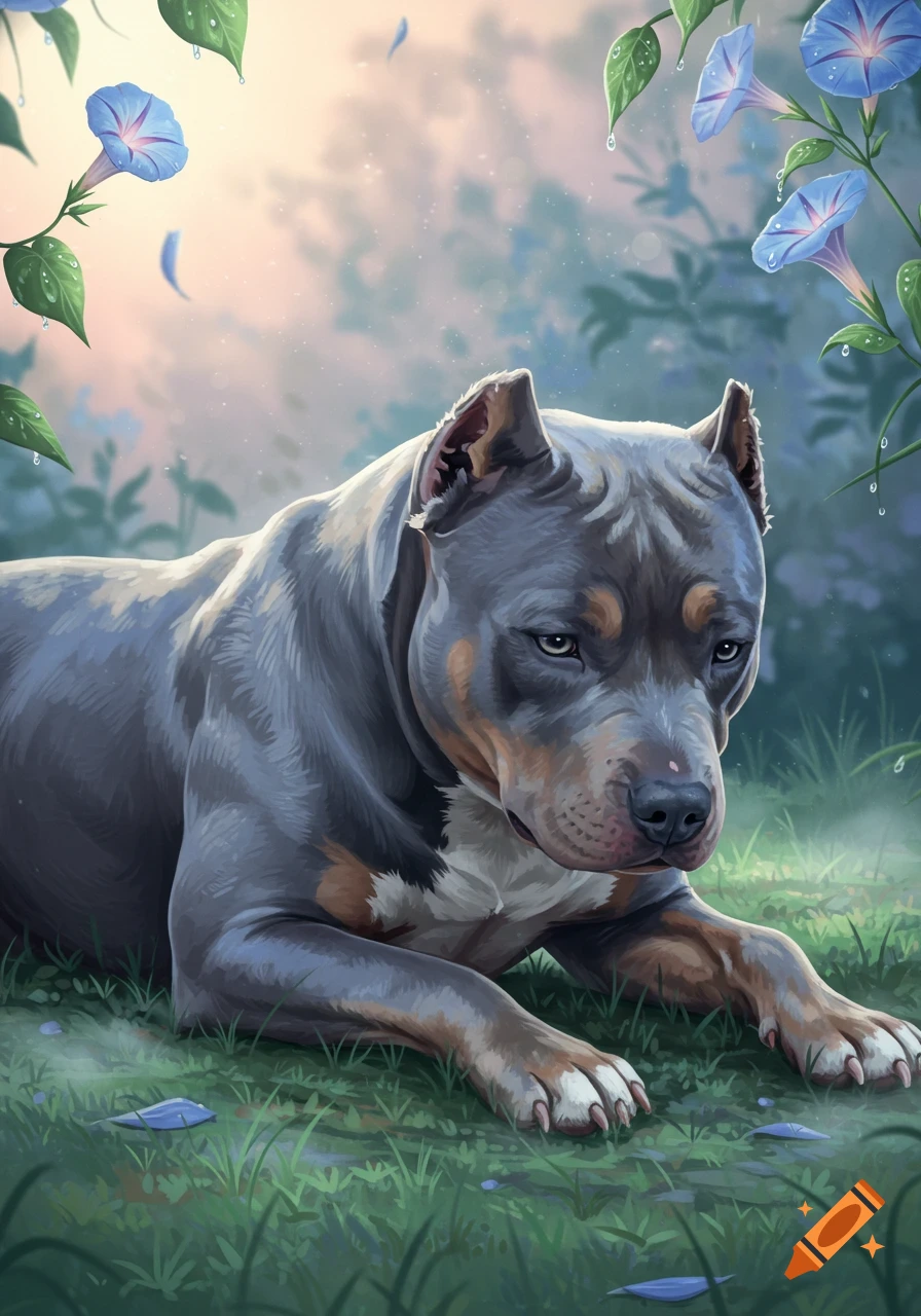 Digital illustration of a blue nose pit bull dog lying in green grass with blue morning glory flowers.