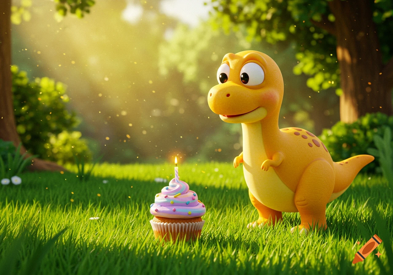 A cheerful cartoon yellow dinosaur stands next to a colorful cupcake with a lit candle in a sunny green field.