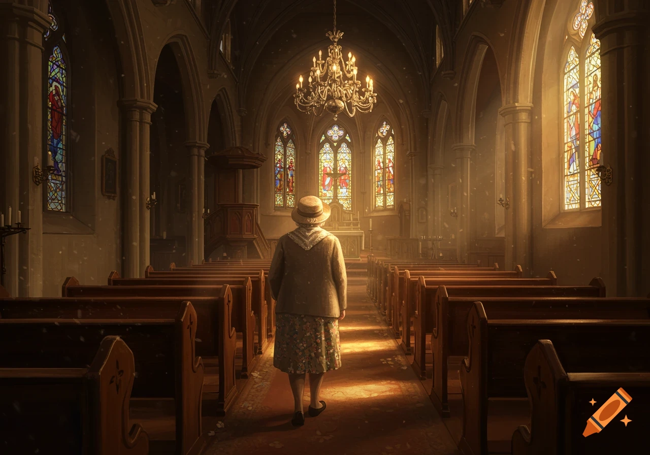 An old lady walks down the sunlit aisle of a grand church with stained glass windows and a chandelier.