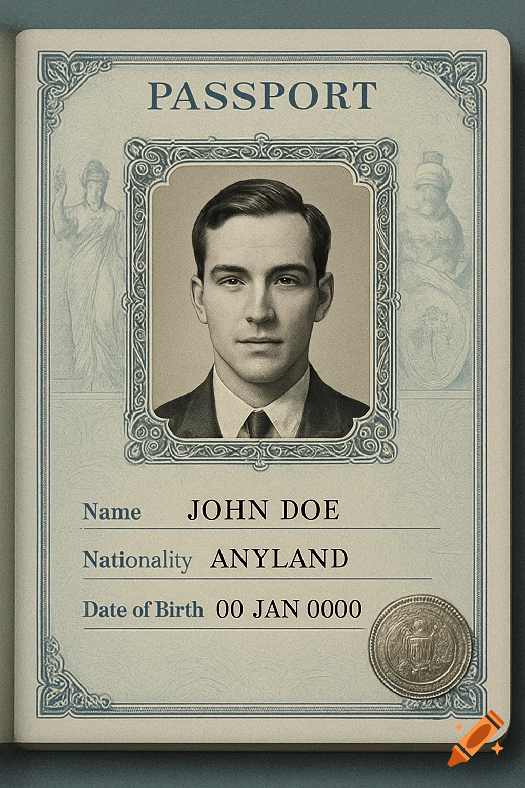 A photorealistic mock-up of an open passport page featuring a grayscale portrait of a man, with placeholder text 'JOHN DOE' and 'ANYLAND'.