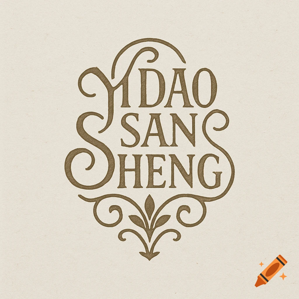 A vintage-style logo featuring the words 'YIDAO SAN SHENG' in ornate, gold-embossed typography with decorative swirls, on a cream background.