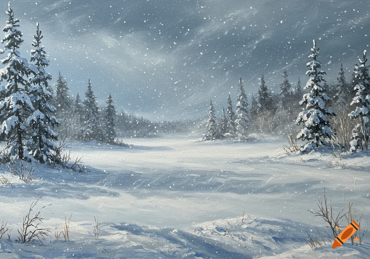 An oil painting of a snowy tundra landscape during a blizzard, with snow-covered evergreen trees and falling snow.