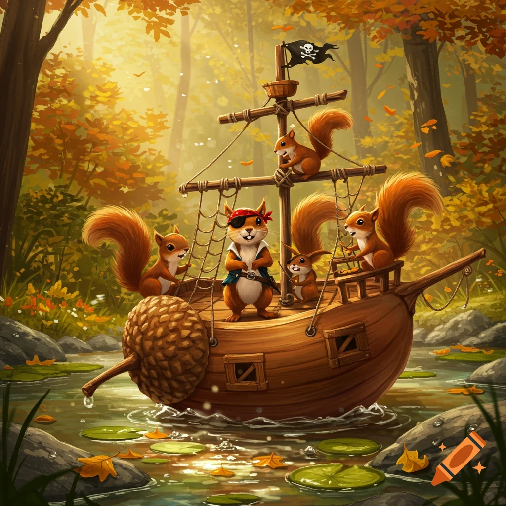 Cartoon squirrels dressed as pirates sail a boat made from an acorn through a forest stream in autumn.