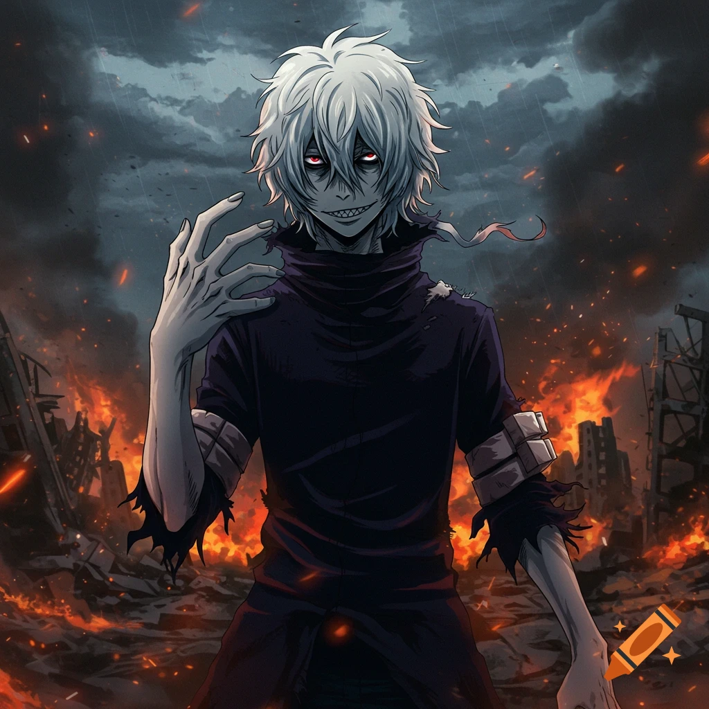 A menacing anime character with white hair, red eyes, and sharp teeth stands in a fiery, destroyed cityscape under a stormy sky.