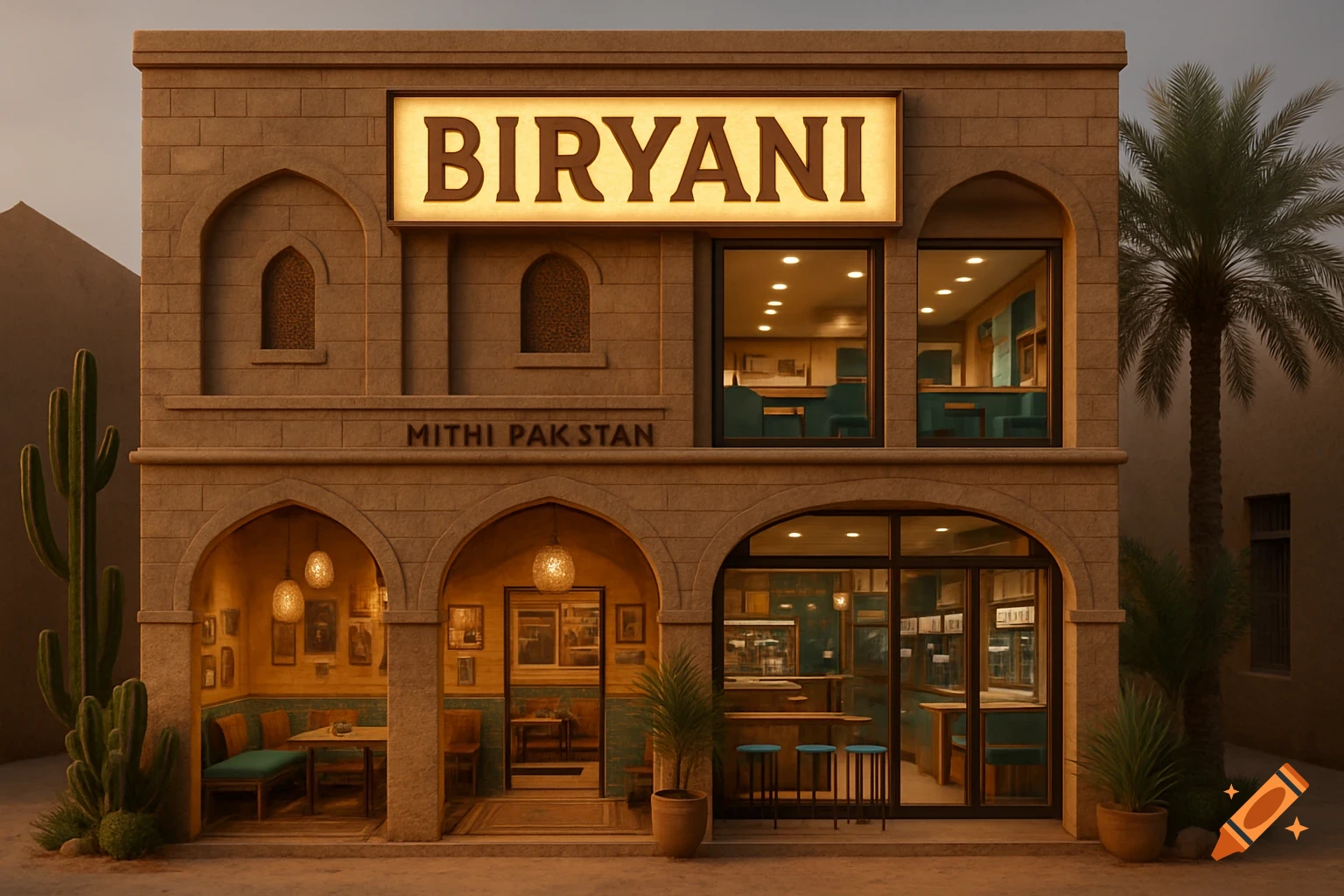 Hyper-realistic 3D render of a two-story biryani restaurant with sandstone architecture, arched windows, and desert plants.
