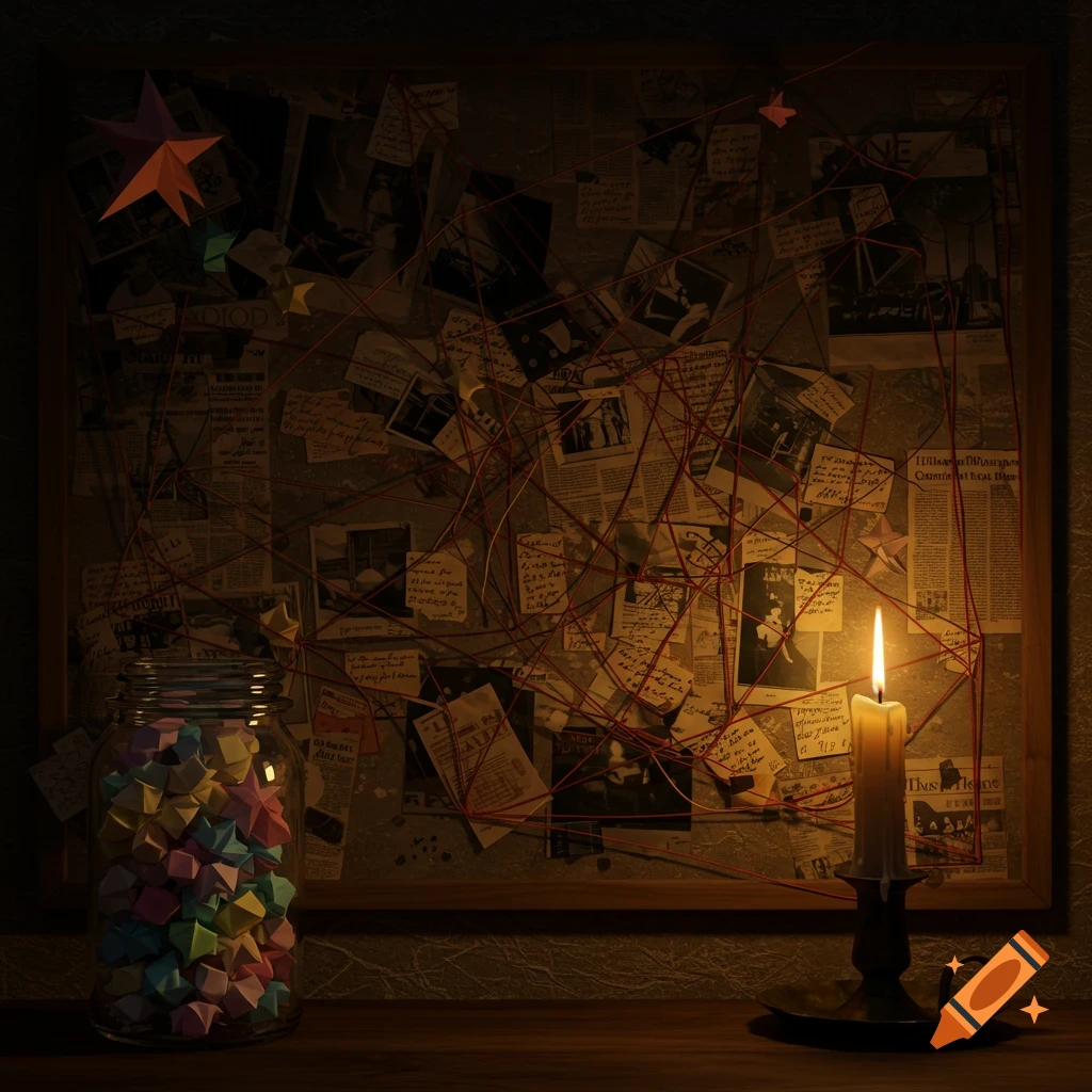A dark room with a conspiracy board covered in papers and red string, lit by a flickering candle and a jar of colorful paper stars.