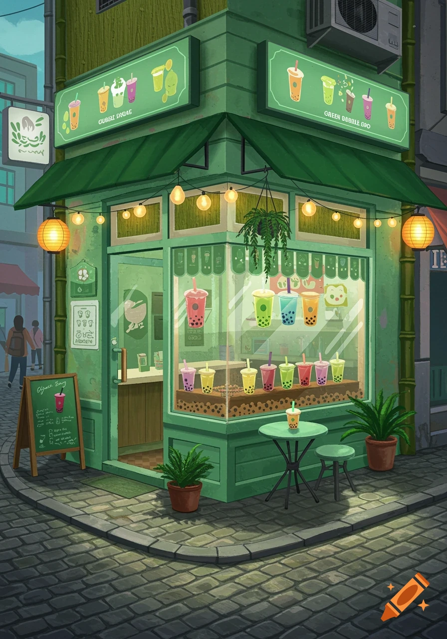 A vibrant green bubble tea shop on a cobblestone street corner, featuring large display windows filled with colorful drinks and string lights.
