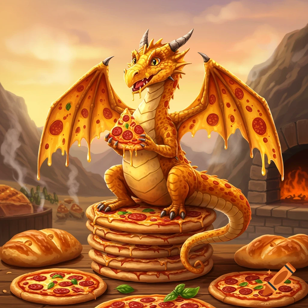 A cute golden dragon sits on a stack of pizzas, holding a slice, with a pizza oven and bread in the background.