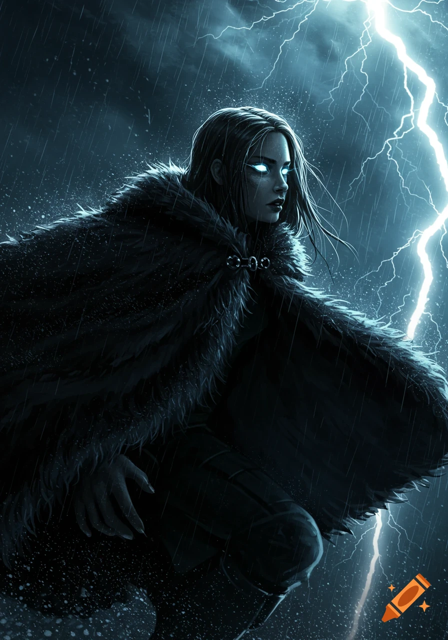An illustrated woman in a black fur cape with glowing eyes in a dark thunderstorm with bright lightning and rain.