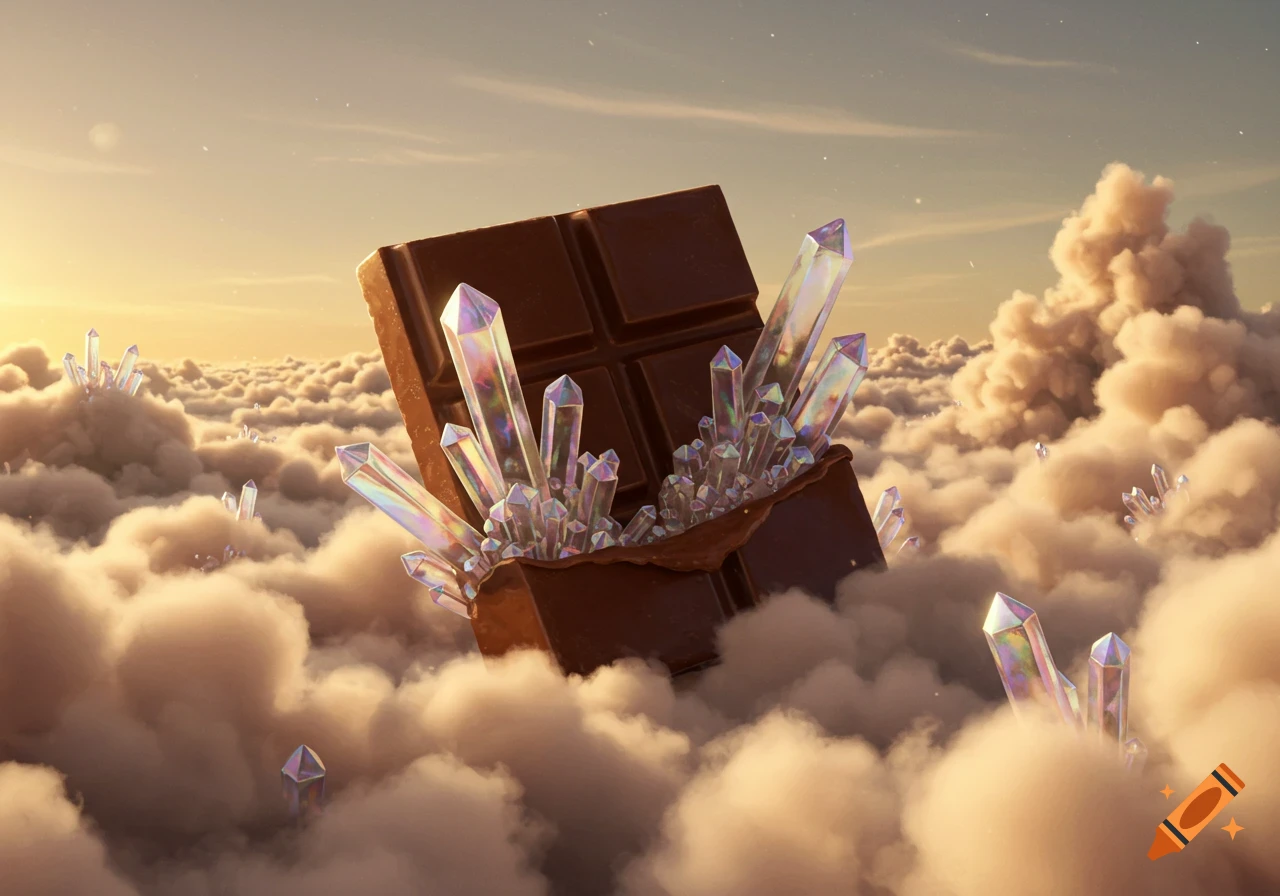 A large chocolate bar with sparkling iridescent crystals growing out of it, floating amidst fluffy, golden-lit clouds under a sunset sky.