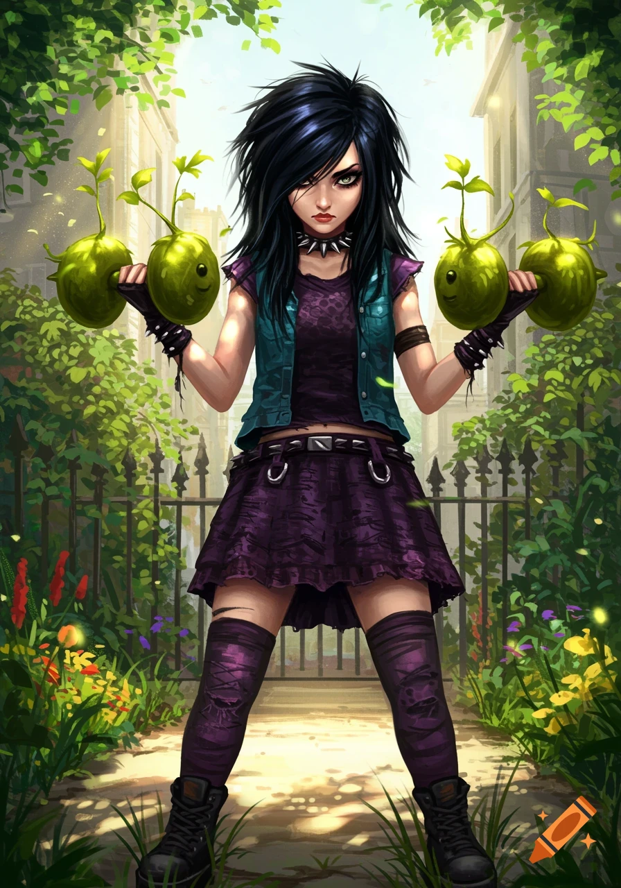 An illustrated emo girl with black hair, wearing a teal vest and purple skirt, holds green plant dumbbells with smiling faces in a garden.