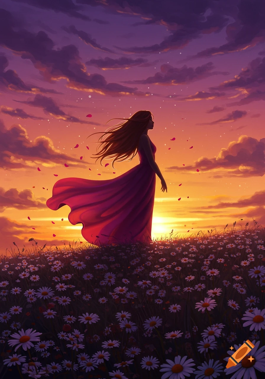 Illustrated woman in a flowing dress on a daisy hill at sunset with purple and orange skies, petals falling.