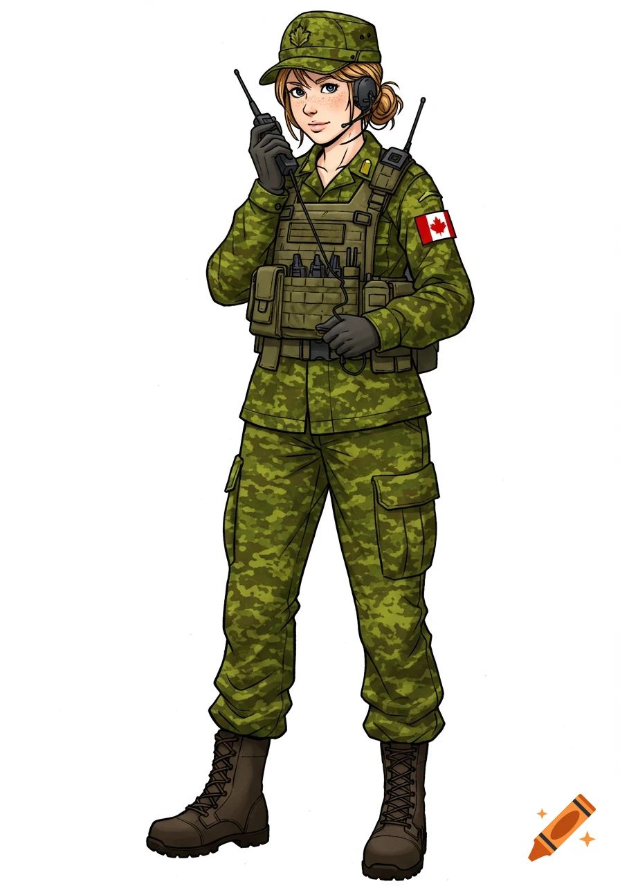 Full-body anime-style illustration of a female Canadian Army signals operator in camouflage uniform, holding a radio.