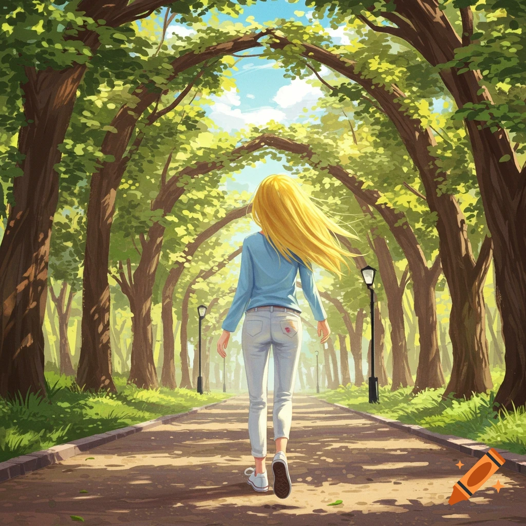 A person with long blonde hair, a blue shirt, and white pants walks away down a tree-lined path in an anime style.