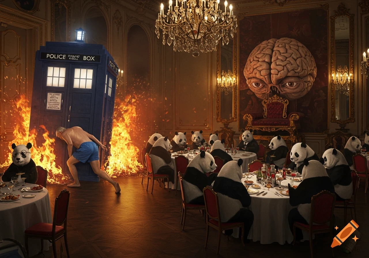 A man in blue trunks exits a flaming TARDIS in a grand ballroom where pandas in suits dine, observed by a giant brain on a throne.
