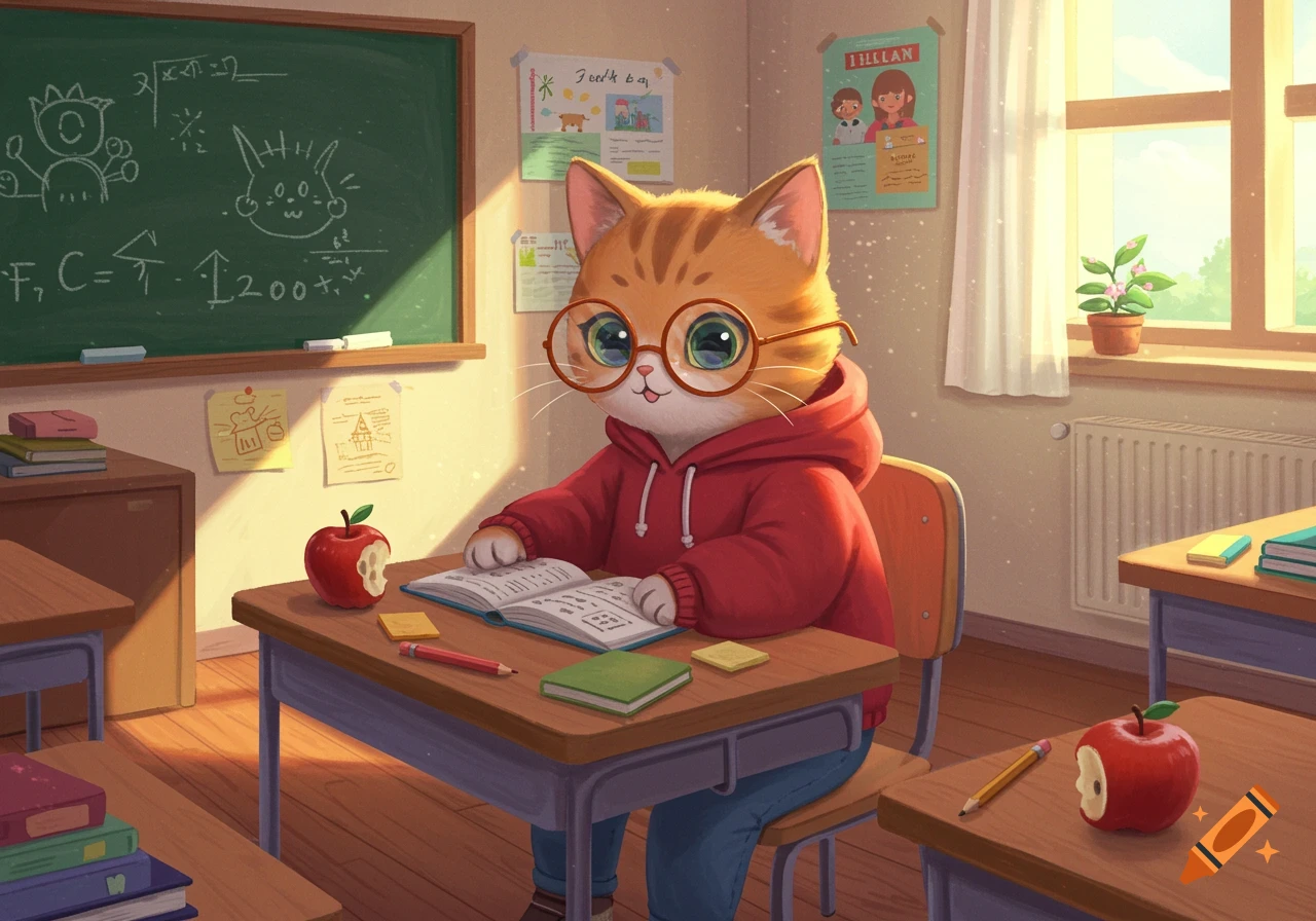 A cute orange and white cartoon cat with glasses and a red hoodie sits at a desk in a sunlit classroom, looking at an open book.