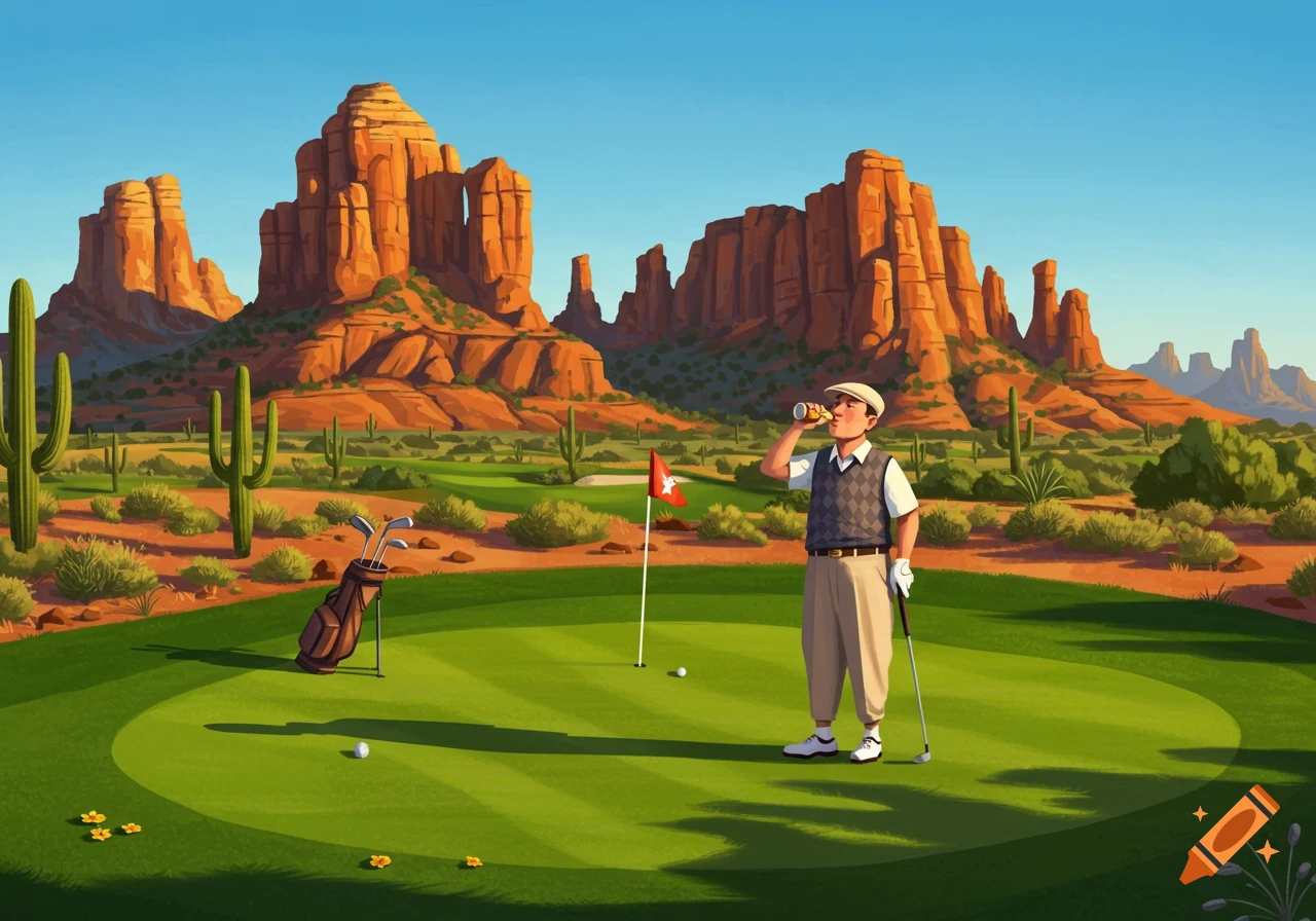 An illustrated golfer drinks a beverage on a golf course with large red rock mountains and cacti in the desert background.