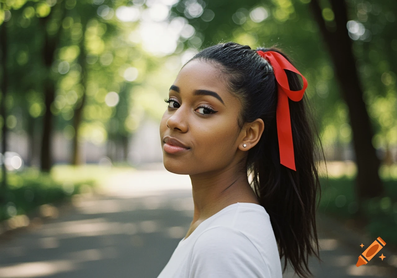 Photorealistic portrait of a young woman with a red ribbon in her ponytail, looking over her shoulder in a park.