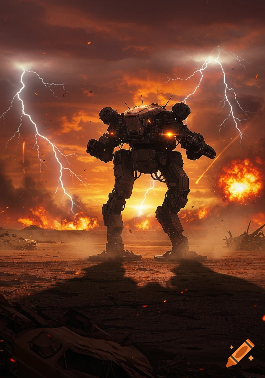 A large bipedal mech stands on a war-torn planet amidst explosions and lightning under an orange, stormy sky.