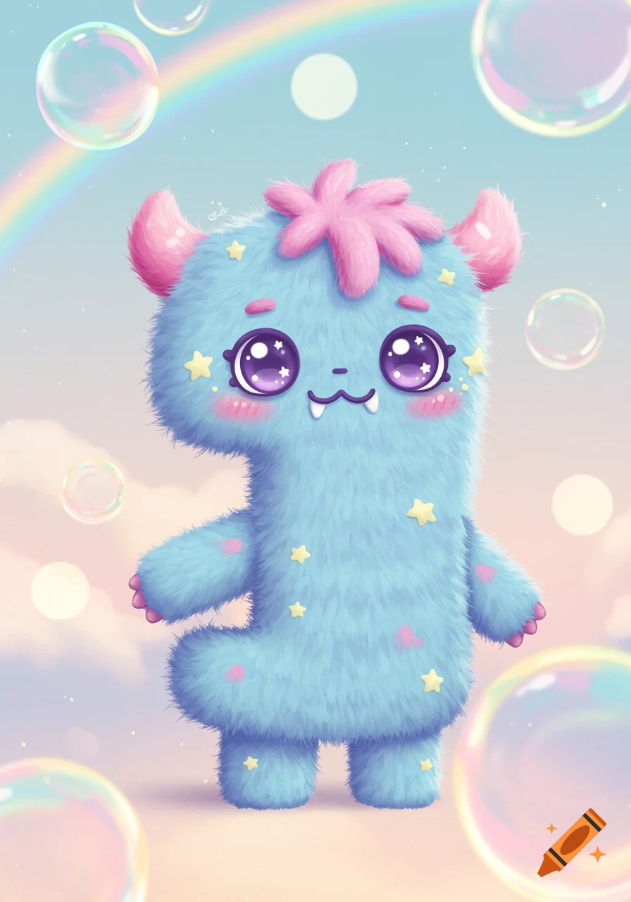 A cute, fluffy blue monster, shaped like the number one, with large purple eyes, pink fur details, and yellow stars, floats among bubbles and a rainbow.