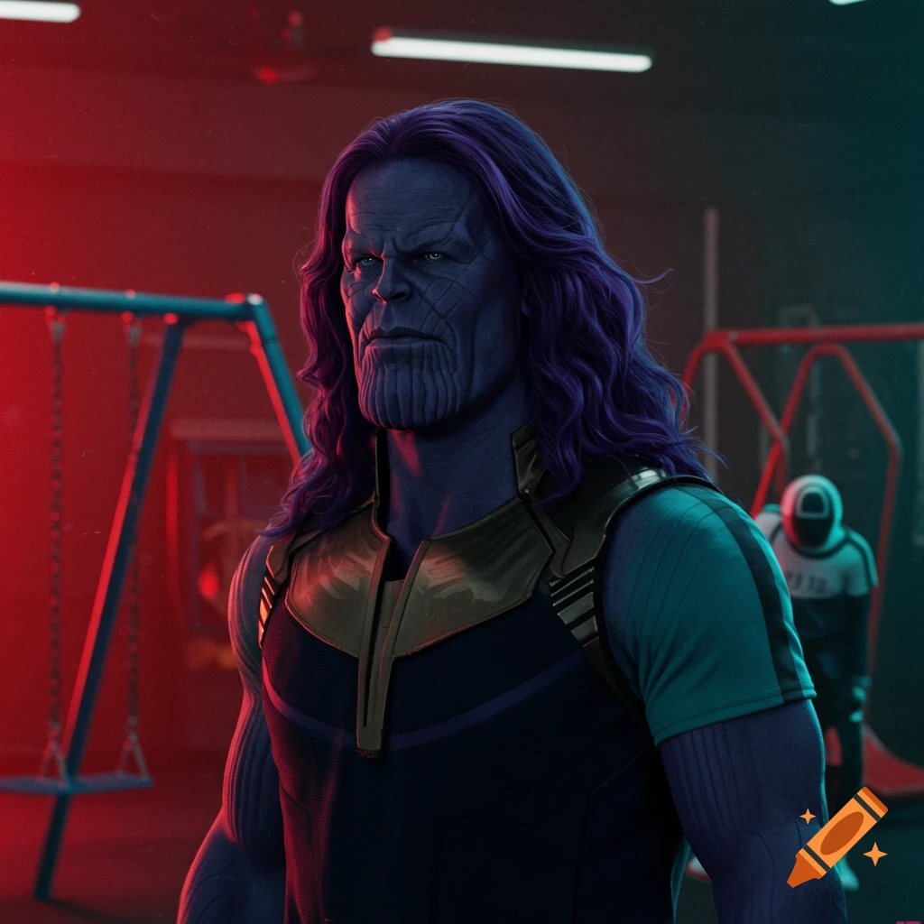 A purple-skinned character resembling Thanos with long hair stands in a playground under red and blue light, with a Squid Game guard in the background.