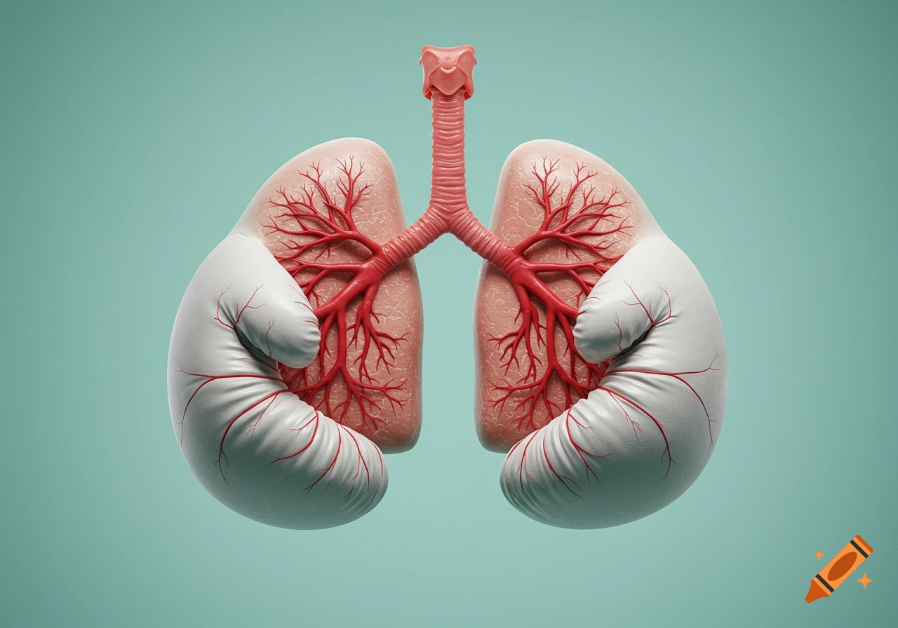 Stylized human lungs shaped like white boxing gloves with visible red veins, against a light teal background.
