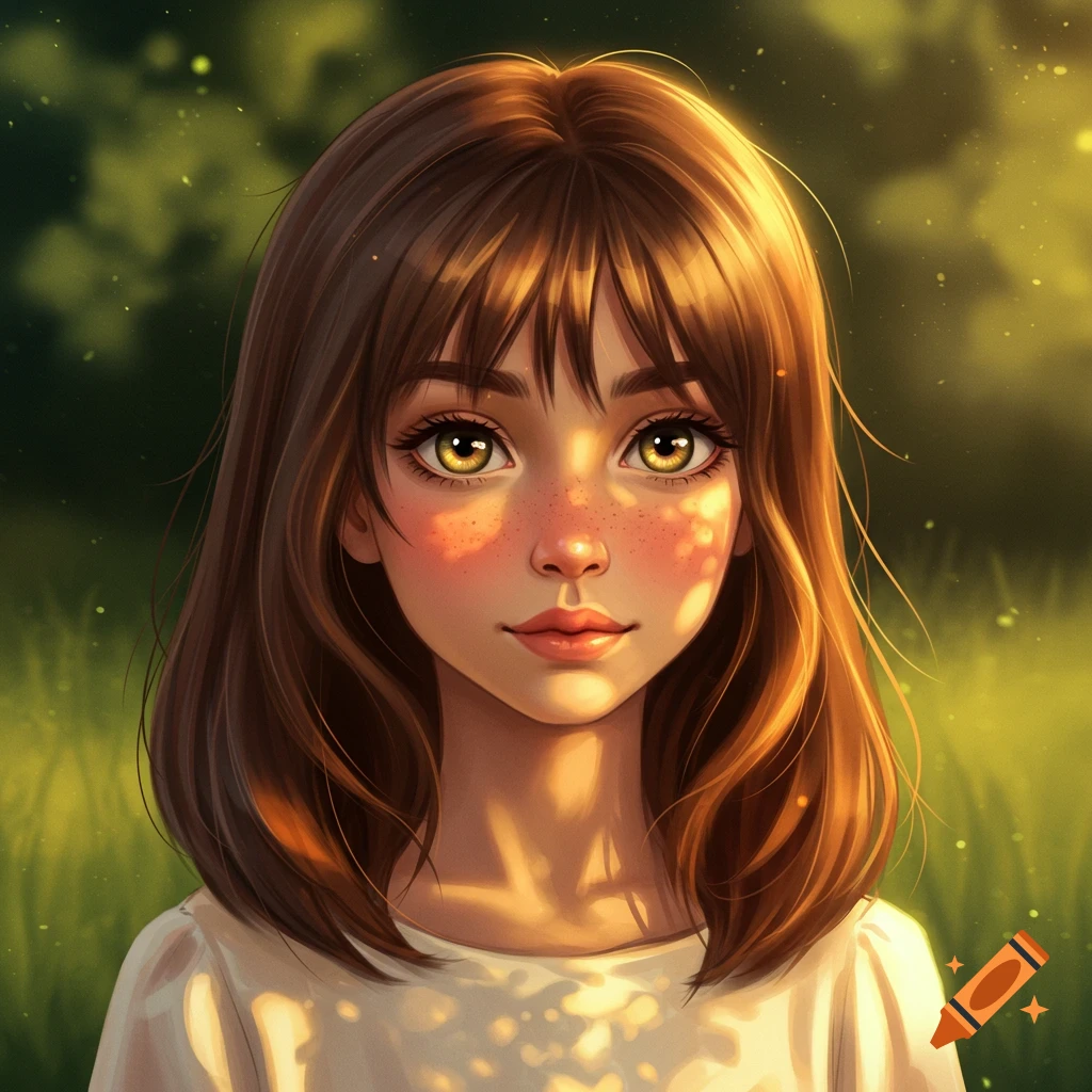 A close-up digital art portrait of a young girl with brown hair, bangs, hazel eyes, and freckles, in a sunlit field.