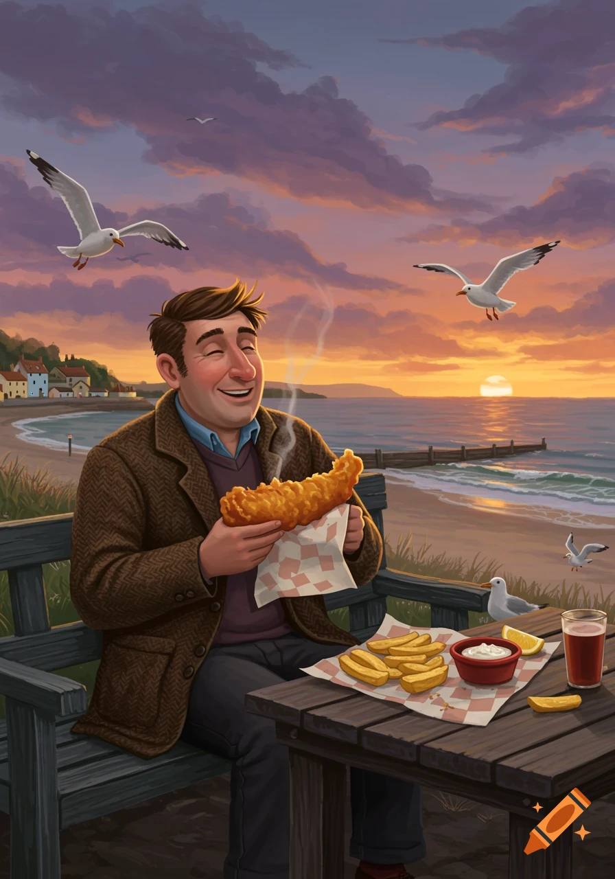 An illustrated man happily eats fish and chips on a bench by a beach at sunset, with seagulls flying overhead.