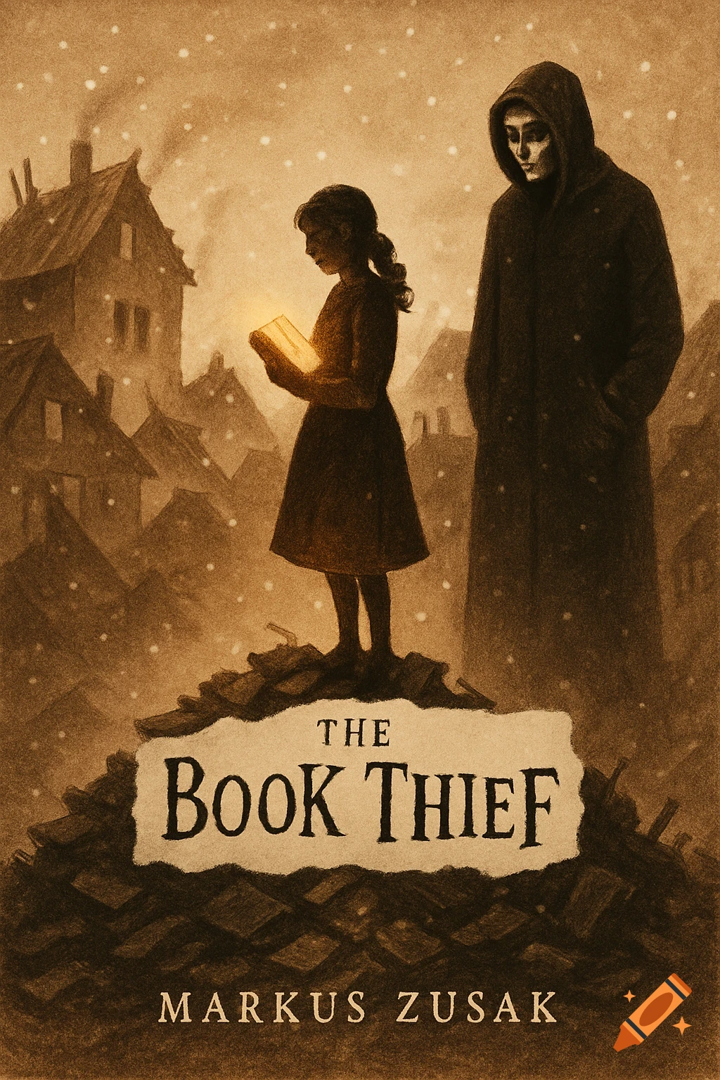 Sepia-toned illustration of a girl holding a glowing book on a pile of books, with a cloaked figure behind her and snowy, war-torn buildings in the background. Title "The Book Thief" and author "Markus Zusak" are at the bottom.