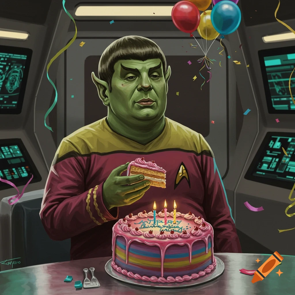 A green-skinned Star Trek Vulcan character in uniform holds a slice of cake while sitting at a table with a rainbow birthday cake, balloons, and confetti in a spaceship bridge setting.