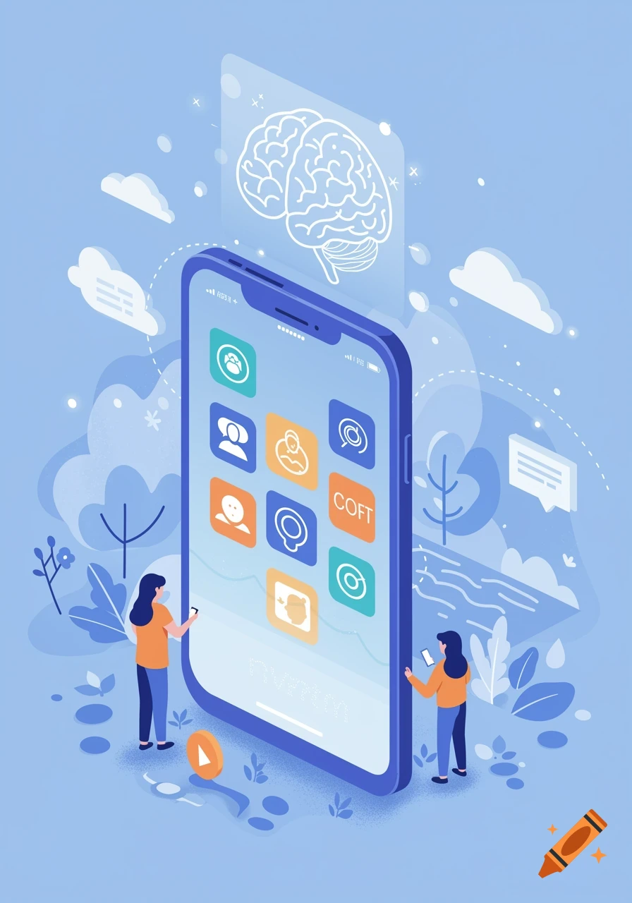 Isometric illustration of two people interacting with a large smartphone displaying app icons, with a brain hologram above, set in a landscape with clouds and plants.