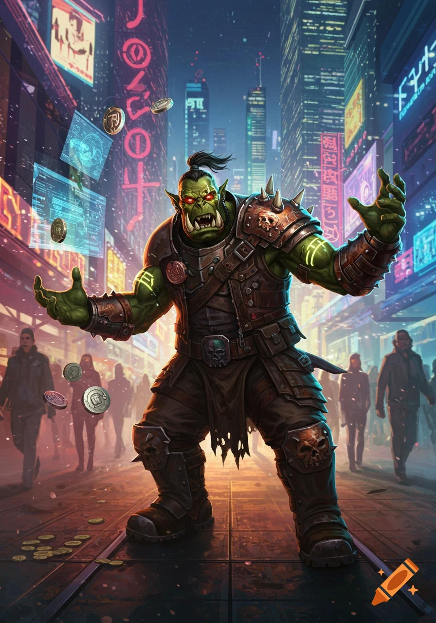 An imposing green orc juggles coins on a neon-lit cyberpunk city street at night.