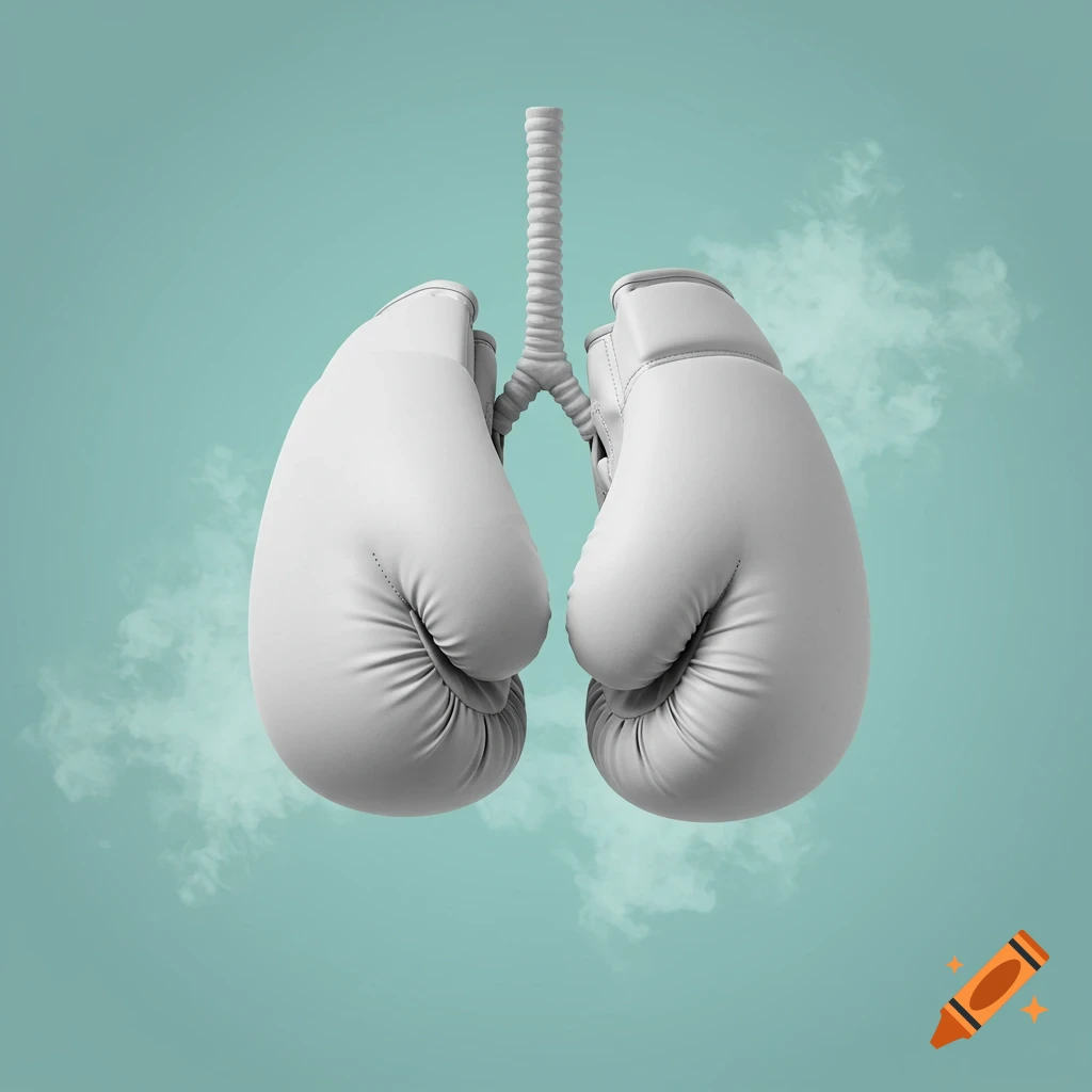 White boxing gloves arranged to resemble human lungs, connected by a tracheal tube, against a light teal background with faint smoke.